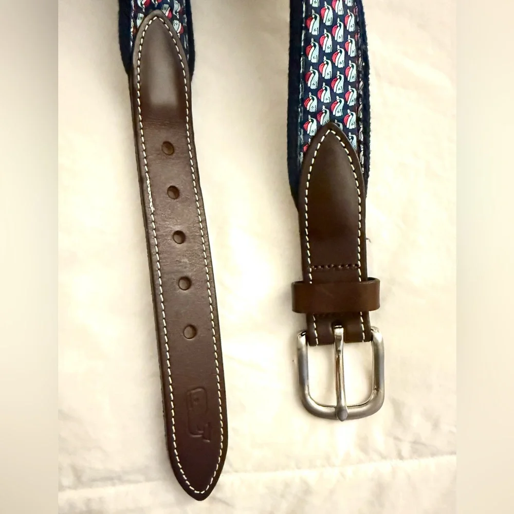 Vineyard Vines Santa Whale Belt Boys Blue Canvas Brown Leather Santa Hat Size 28